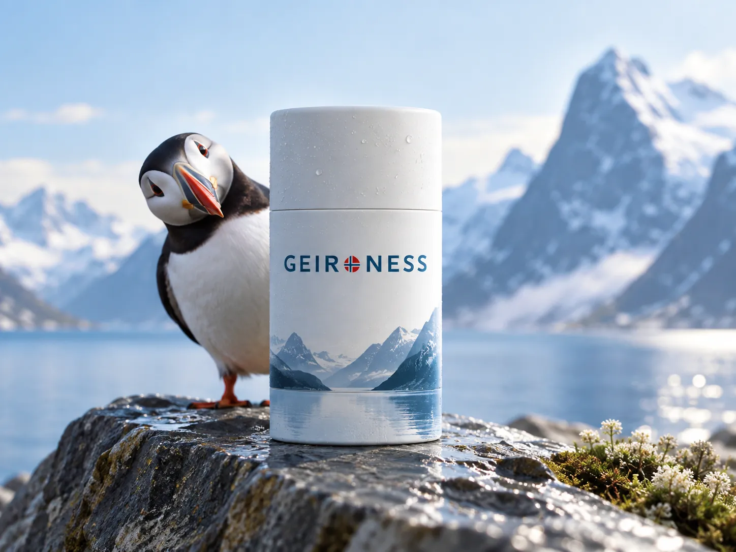 Geir Ness packaging beside a puffin against a snowy fjord landscape