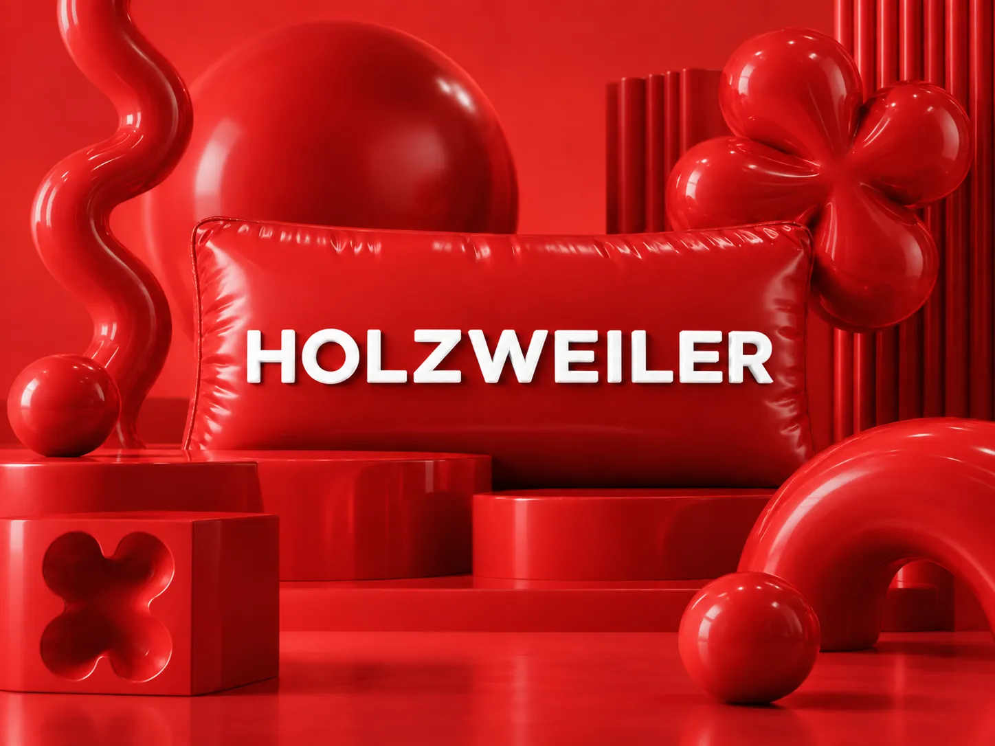 Holzweiler wordmark on a red cushion surrounded by sculptural red shapes